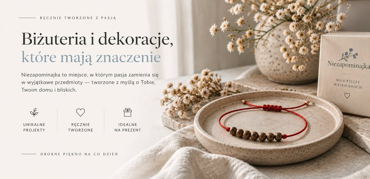 Jewelry and home decor display with beaded bracelet on ceramic dish and dried flowers in vase